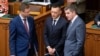 Gulyás Gergely, Rogán Antal és Kocsis Máté a parlamentben 2023. július 4-én