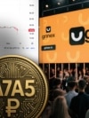 Grinex криптобиржасы, анда сатылып жаткан A7A5 токени жана бул экөөнүн артында турат делген Илан Шор. "Азаттыктын" коллажы.