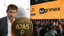 Grinex криптобиржасы, анда сатылып жаткан A7A5 токени жана бул экөөнүн артында турат делген Илан Шор. "Азаттыктын" коллажы.