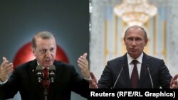 Președintele Tayyp Erdoğan (stînga) se întîlnește cu omologuil său rus Vladimir Putin în 9 august la St. Petersburg pentru a discuta criza din Siria și cooperarea energetică și de afaceri între Turcia și Rusia.