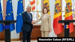 Претседателот на Европскиот совет, Антонио Кошта по средбата со молдавската претседателка Маја Санду во Кишињев, 3 март 2025 година

